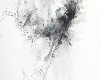 Ink art painting of a modern, expressive horse head in motion