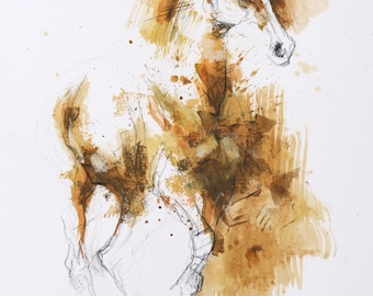 Small Fine Art Painting on Paper of a Galloping Horse in Mixed Media