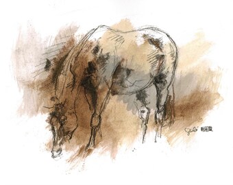 Small Fine Art Painting on Paper of a Grazing Horse in Mixed Media