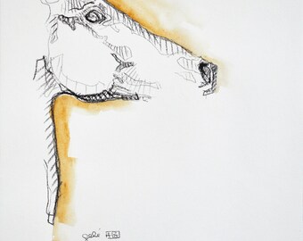 Esquisse originale et moderne d'une tête de cheval au fusain et aquarelle sur papier