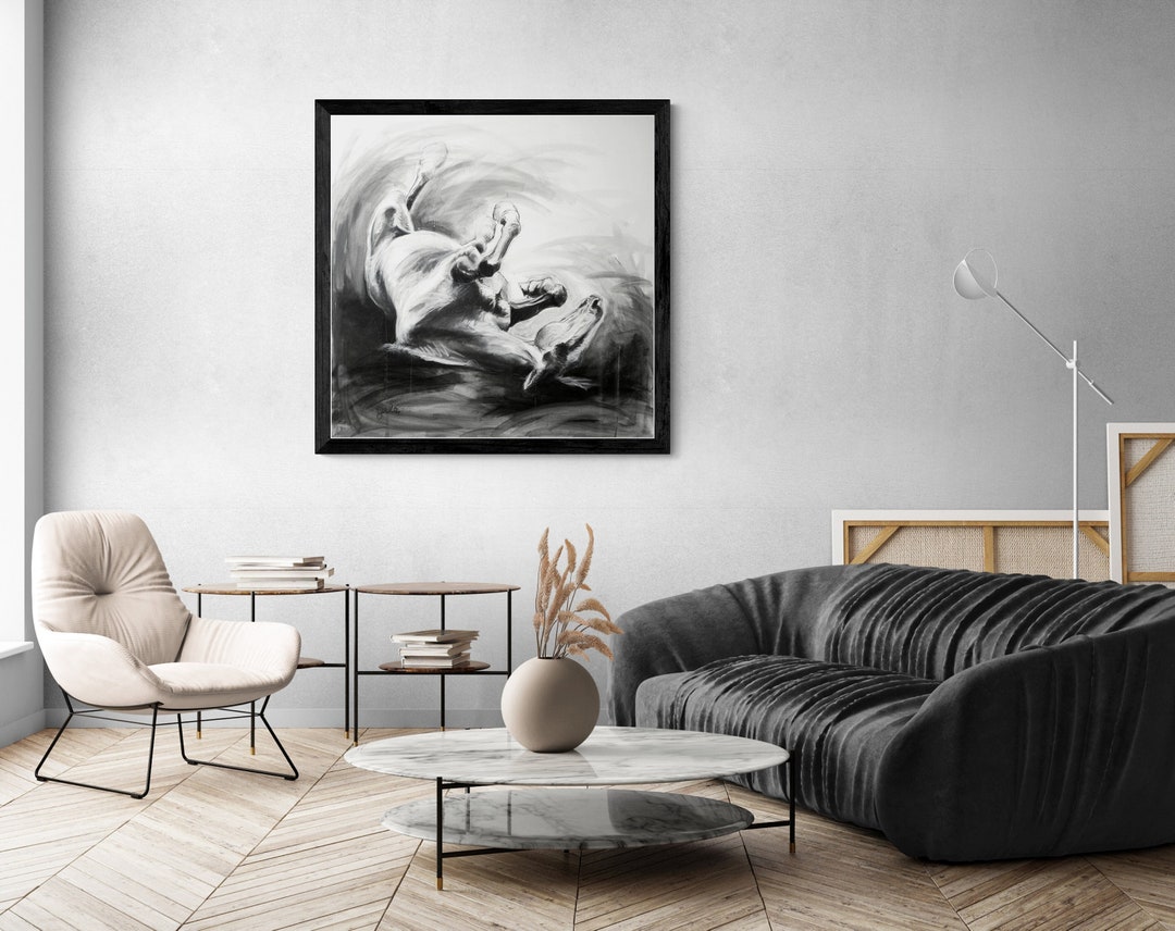 Charcoal Black and White Fine Art Drawing of a Rolling Horse - Etsy
