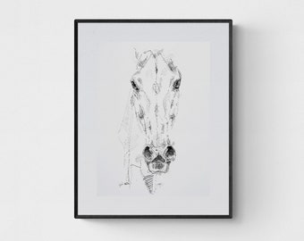 Original Black Ink Art Painting of an Expressive Horse Head