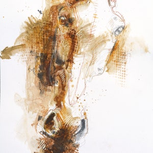 Original Ocher Mixed Media Art Painting of an Expressive Arabian Trotting Horse image 2