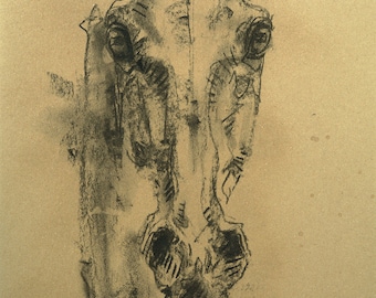 Originale und zeitgenössische Kohlemalerei auf braunem Papier eines Pferdekopfes