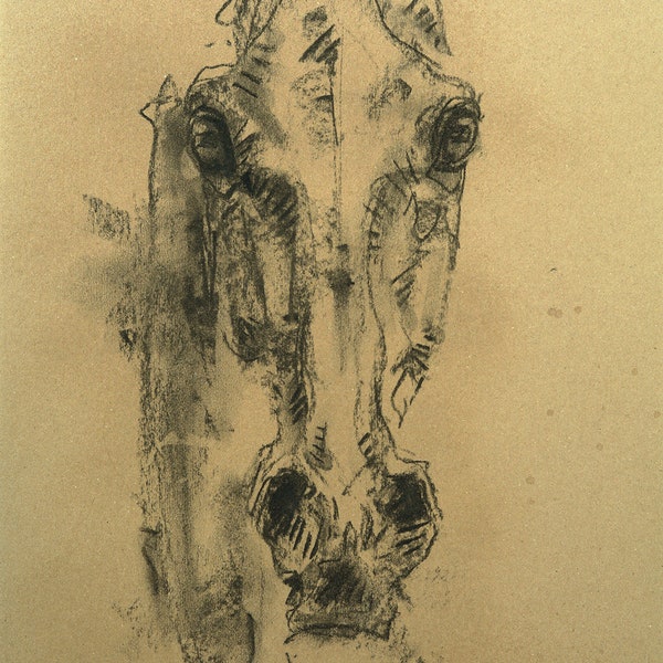 Peinture originale et contemporaine au fusain sur papier brun d'une tête de cheval