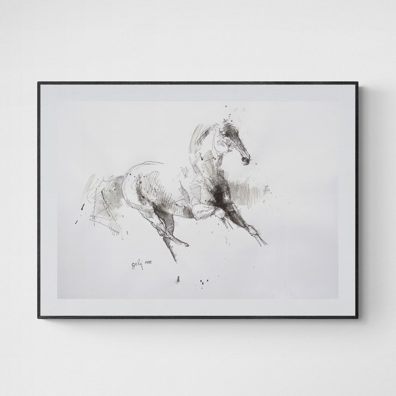 Black ink painting of an expressive galloping horse in motion image 7