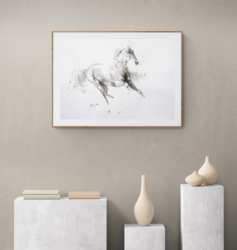 Black ink painting of an expressive galloping horse in motion image 8