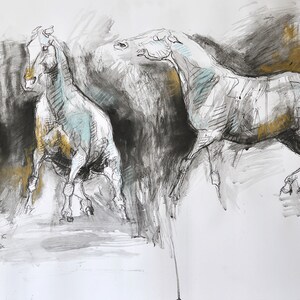 May include: A black and white drawing of two horses in a dynamic pose. The horses are drawn with a loose, expressive style, and the background is a dark grey wash. The drawing is signed "Reto K" in the bottom left corner.