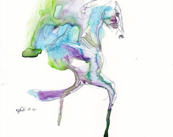 Petite Peinture d'art au stylo bille et aquarelle d'un cheval