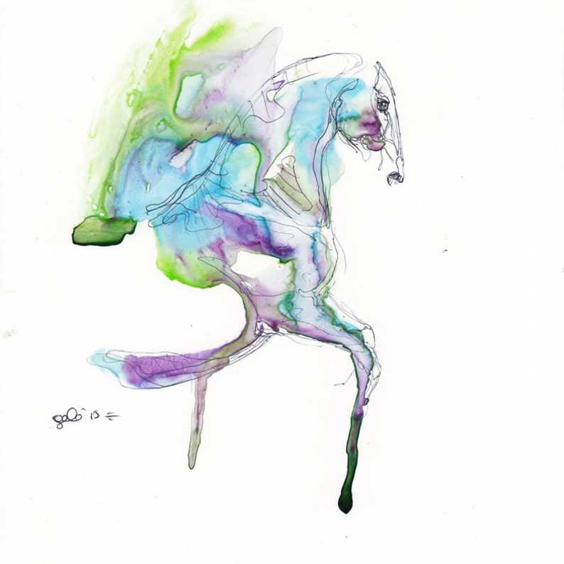 Ballpoint Pen and watercolor Horse Art Painting on paper image 1