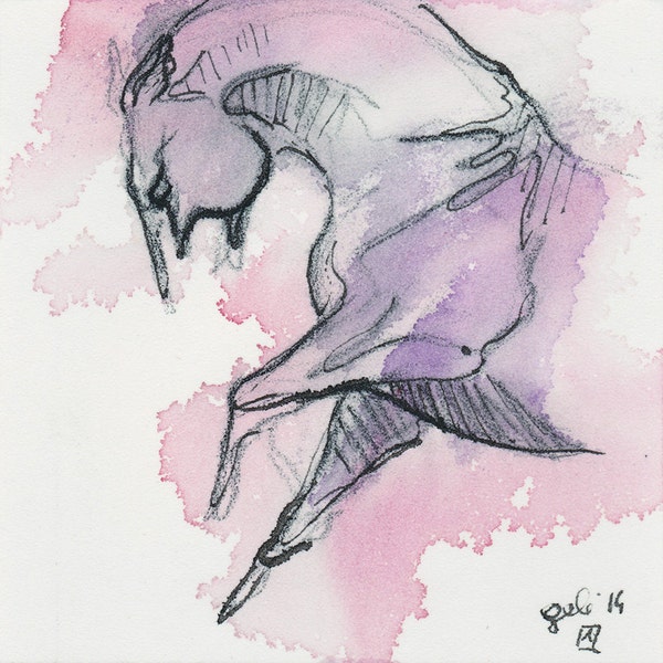Galopando a caballo, Animal, arte contemporáneo Original, tinta negra y acuarela caballo