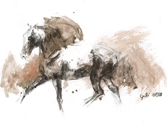 Fine Art Painting on Paper of a Trotting Horse in Mixed Media