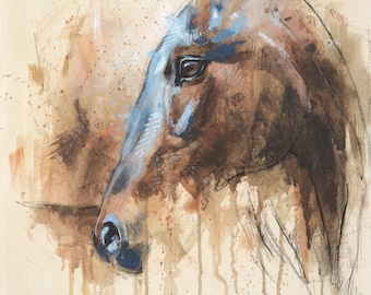Original and Modern Acrylic & Chalk Painting of a Horse Head