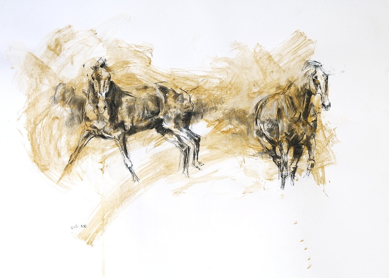 Original Charcoal Drawing of two Horses which impose themself image 1