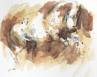 Art Painting of a Galloping Horse with Watercolor and Ink
