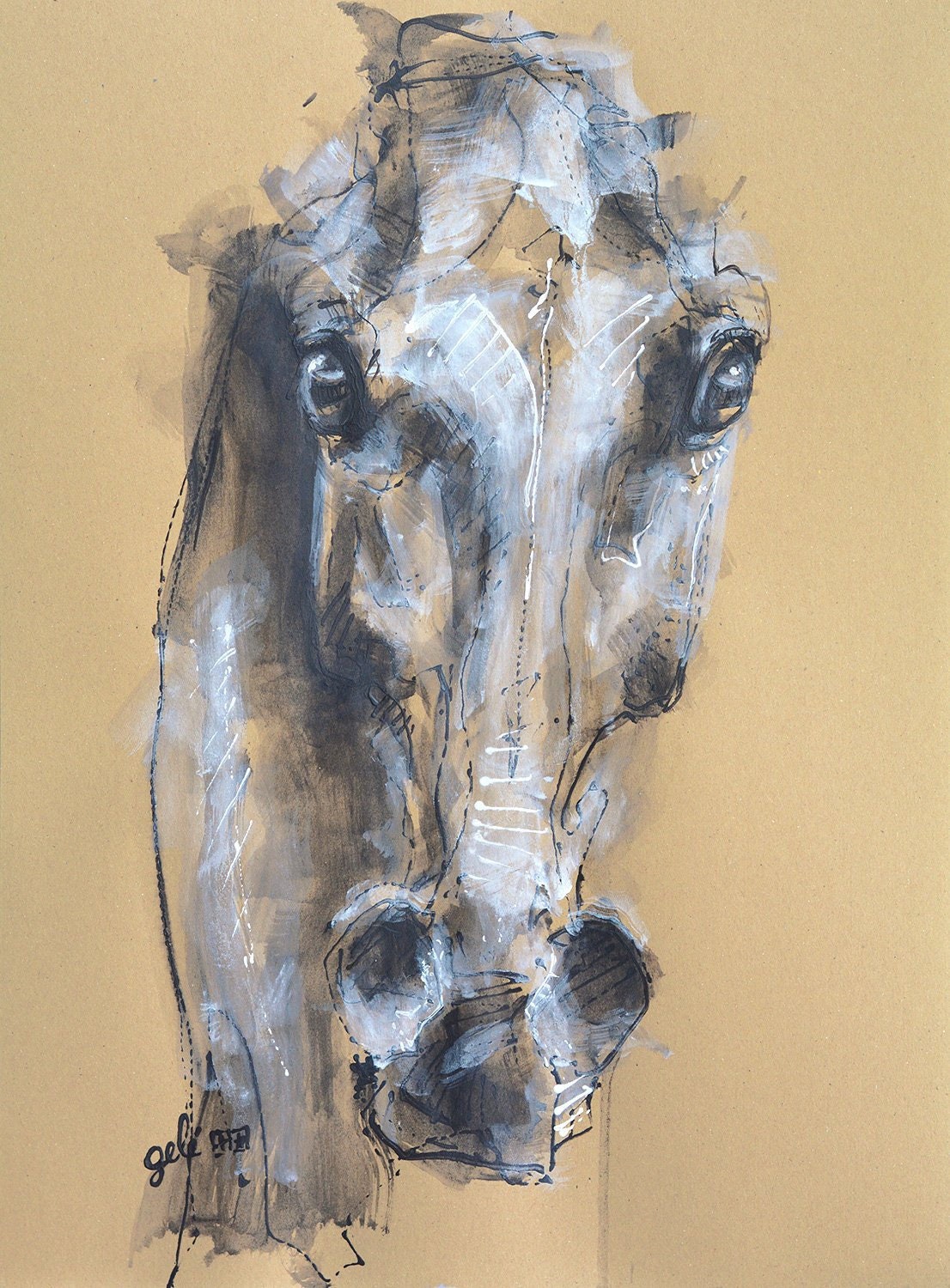 Original Acrylic, Ink and Pen Painting of a Horse in Motion, Modern Art,  Expressive Animal Art, Equine Artist 
