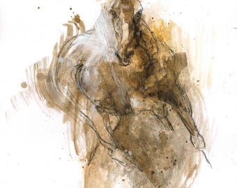 Small Fine Art Painting on Paper of a Galloping Horse in Mixed Media