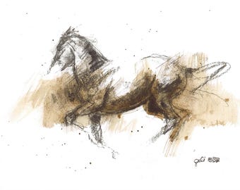 Fine Art Painting on Paper of a Galloping Horse in Mixed Media
