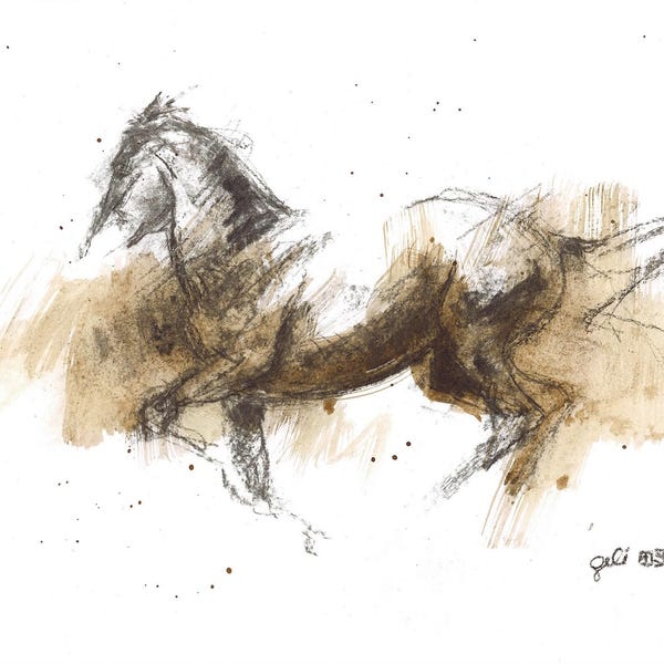 Klein schilderij op papier van een galopperend paard in gemengde techniek