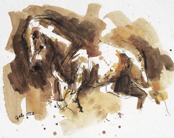 Art Painting of a Galloping Horse with Watercolor and Ink