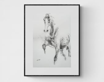 Graphite and Black Chalk Drawing of a Galloping Horse in Black and White