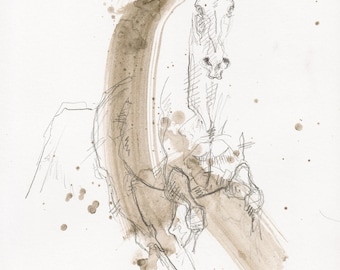 Small Fine Art Painting on Paper of a Galloping Horse in Mixed Media