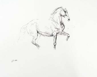 Original Black Ink Art Painting of an Expressive Horse at Piaffer