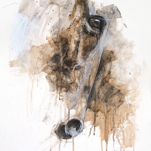 Origineel schilderij met gemengde media op papier van een paardenhoofd