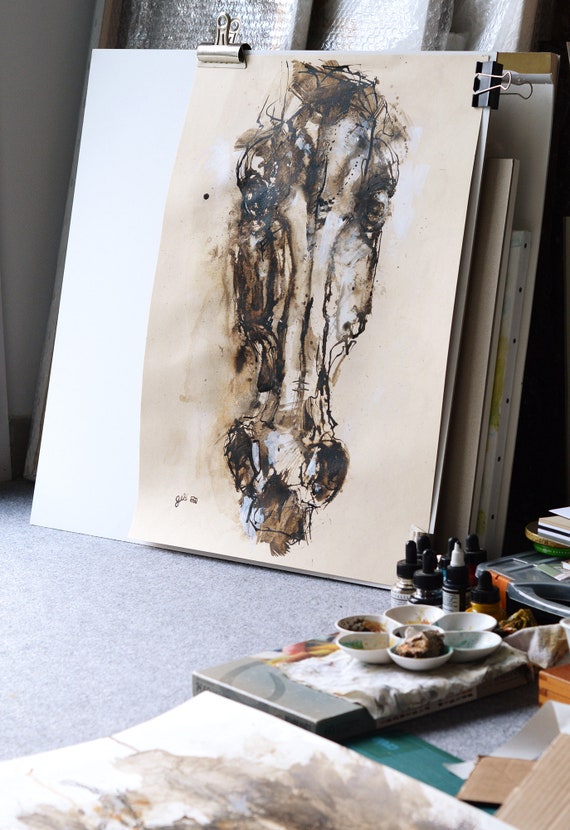Original Acrylic, Ink and Pen Painting of a Horse in Motion
