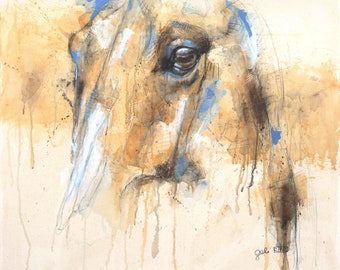 Original and modern painting in mixed technique on raw canvas of an expressive horse's head