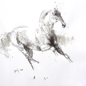 Black ink painting of an expressive galloping horse in motion image 1