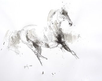 May include: A black and white ink drawing of a horse running. The horse is drawn in a loose, gestural style, with a focus on movement and energy. The drawing is signed "gele" in the lower left corner.