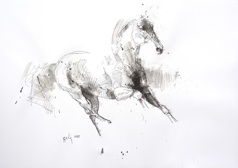 Black ink painting of an expressive galloping horse in motion image 1
