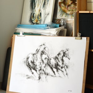 Original Charcoal Drawing of two Horses which impose themself for hierarchy image 5