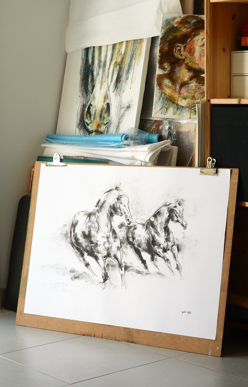Original Charcoal Drawing of two Horses which impose themself for hierarchy image 5