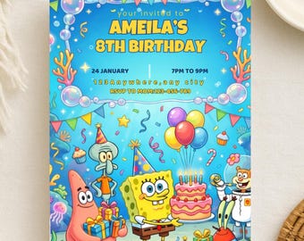 Convite de aniversário do Bob Esponja, convite para festa no fundo do mar (download digital)