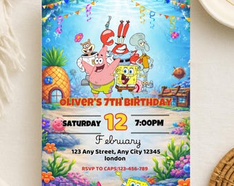 Convite de aniversário do Bob Esponja, convite para festa no fundo do mar (download digital)