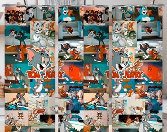 Copo térmico Tom & Jerry Collage | Copo fino clássico de desenho animado | 590ml (20oz) - Presente para crianças e adultos