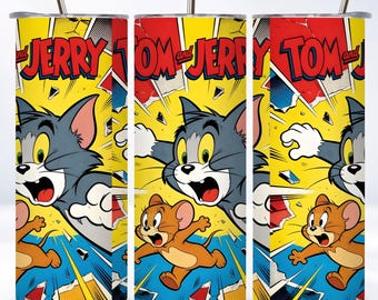 Adesivo para copo térmico Tom & Jerry PNG | Design por sublimação para copo térmico fino de 590ml | Adesivo estilo desenho animado pop art | Download instantâneo