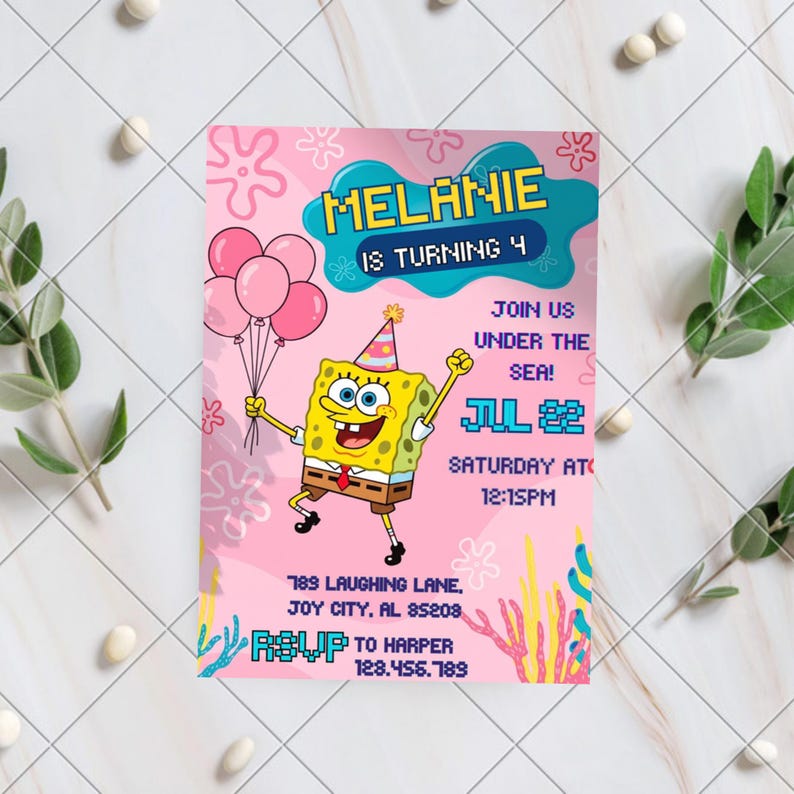 K&ouml;nnte beinhalten: Rosa Geburtstagseinladung mit SpongeBob, der Ballons h&auml;lt. Die Einladung lautet "Melanie wird 4" und enth&auml;lt Veranstaltungsdetails: Datum, Uhrzeit und Ort. Dekorative Elemente sind Meeresmotive und der Text "Join us under the sea!"