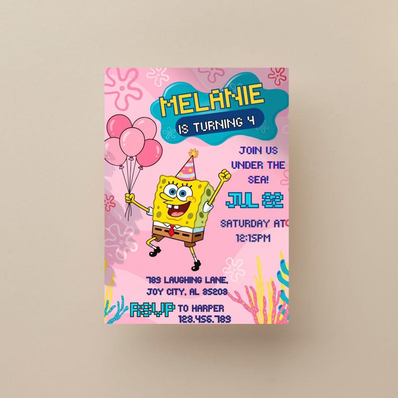 K&ouml;nnte beinhalten: Rosa Geburtstagseinladung mit SpongeBob Schwammkopf, der Luftballons h&auml;lt. Die Einladung enth&auml;lt den Text "MELANIE IS TURNING 4", "JOIN US UNDER THE SEA!" und Veranstaltungsdetails. Die Einladung enth&auml;lt auch einen RSVP-Bereich.