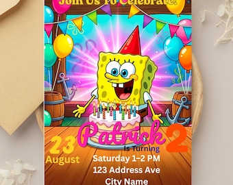 Convite de Aniversário do Bob Esponja – Modelo de Convite para Festa Infantil | Convite Personalizado para Festa de Aniversário com Tema de Desenho Animado