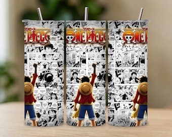 Adesivo para copo térmico estilo anime pirata, PNG, 20oz, fino, para sublimação, design colorido em estilo mangá, download digital.