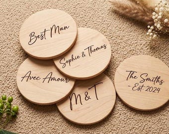 Porta-copos de madeira personalizado com gravação | Porta-copos de carvalho com nome | Presente de boas-vindas para casais, casamento rústico ou decoração de mesa
