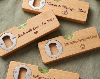 Abridor de garrafas com nível de bolha em bambu gravado | Presente personalizado para o Dia dos Pais | Presente para o vovô