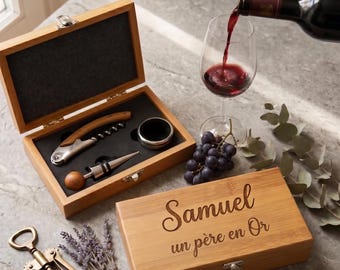 Conjunto de Sommelier de Madeira Personalizado com Gravação | Presente de Dia dos Pais para o Papai | Conjunto de Degustação de Vinhos para Convidados de Casamento