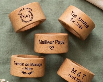 Porta-guardanapos de madeira personalizados em estilo boho para casamento | Nomes gravados a laser | Lembrancinhas rústicas para casamento | Decoração de mesa em madeira estilo boho