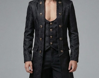Chaqueta victoriana steampunk de brocado negro para hombre, chaqueta gótica renacentista, disfraz de cosplay