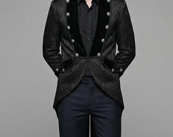 Ropa retro medieval para hombre, color negro, disfraz punk de Halloween de longitud media, abrigo de esmoquin estilo príncipe.