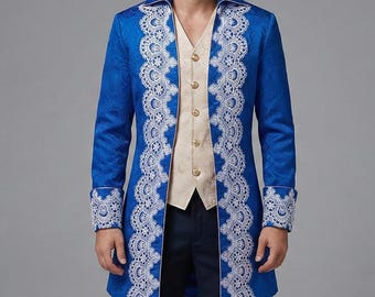 Chaqueta victoriana azul real con ribete de encaje bordado para hombre